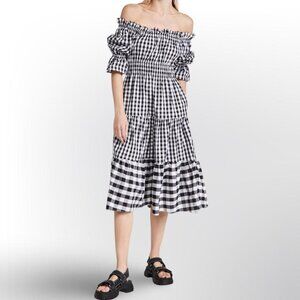 Kitri Gingham Off-Shoulder Puff Sleeve Tiered Midi Dress Black White Cotton Sz 4